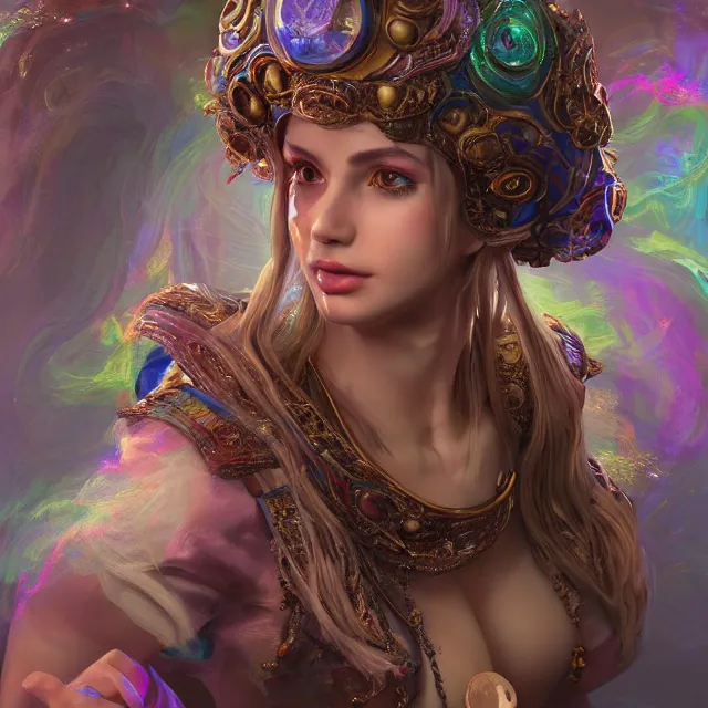 Prompt: studio portrait of neutral good rainbow colorful female cleric bard healer as absurdly beautiful, elegant, realistic young gravure idol looking up, an ultrafine hyperdetailed illustration by irakli nadar, intricate linework, detailed symmetrical faces, super sharp focus, bright colors, octopath traveler, unreal engine 5 highly rendered, global illumination, radiant light