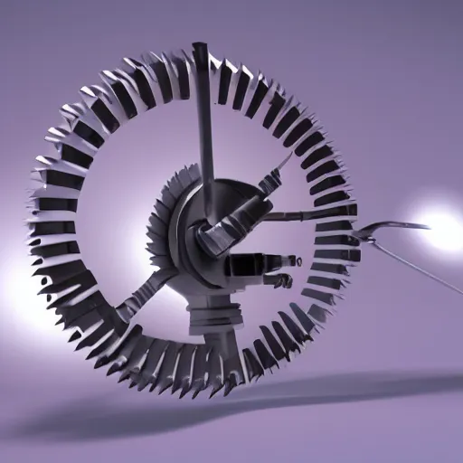 Image similar to hi-tech circular buzzsaw, 3D promotional render. very detailed, volumetric lighting