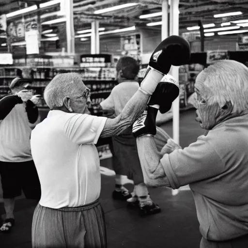 Image similar to senior citizens boxing in Walmart, 35mm film