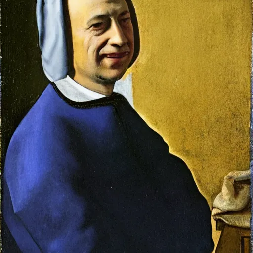 Image similar to a portrait of Benjamin Netanyahu smiling with a pearl earing in the style of Johannes Vermeer