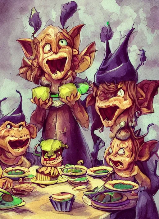 Image similar to fairy tale hobgoblins eating cakes. detailed digital art, trending on Artstation