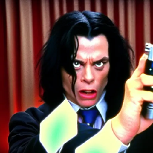 Image similar to still of tommy wiseau as vincent vega holding a gun in pulp fiction ( 1 9 9 4 ), 4 k, cinematic, film footage, screencap, by quentin tarantino