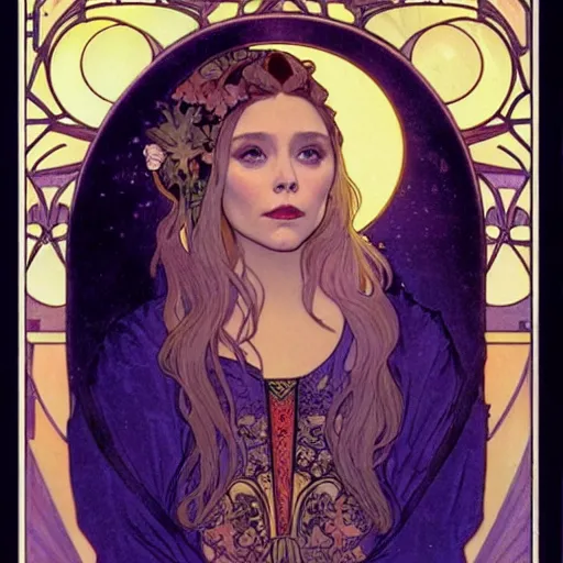 Image similar to elizabeth olsen portrait by louis - theophile hingre and alphonse mucha, realistic, sharp focus, zodiac signs, tarot cards, planets, ethereal, art nouveau, magic, moon, sun, crown, dreamy, royal, jewellery