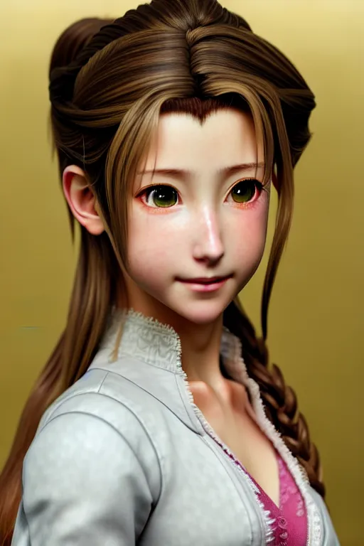 Image similar to subject : detailed full body portrait illustration of aerith gainsborough perfect face, medium : oil on canvas, style : realistic pose study portrait, maximalist, accurate, full color chiaroscuro artist : tetsuya nomura, 4 k, focus : full body and head