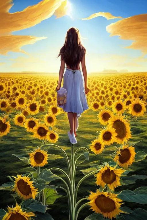 Prompt: a girl slowly walking through amazing tall sunflower field, hair flowing, fanart, by concept artist gervasio canda, behance hd by jesper ejsing, by rhads kuvshinov, rossdraws global illumination radiating a glowing aura global illumination ray tracing hdr render in unreal engine 5, tri - x pan stock, by richard avedon