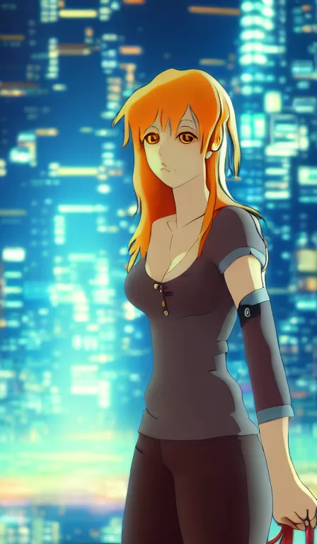 Prompt: anime fine details portrait of Nami in front of cyberpunk moder city landscape on the background deep bokeh, close-up view, anime masterpiece by Studio Ghibli. 8k, sharp high quality anime, artstation