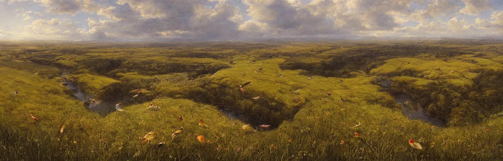 Image similar to A meadow with a stream, birds eye view with horizon visible, illustration, detailed, smooth, soft, warm, by Adolf Lachman, Shaun Tan, Surrealism