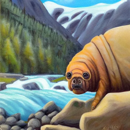 Image similar to portrait of tardigrade at Brooks Falls in Alaska, landscape painting by Moran and George Caitlin