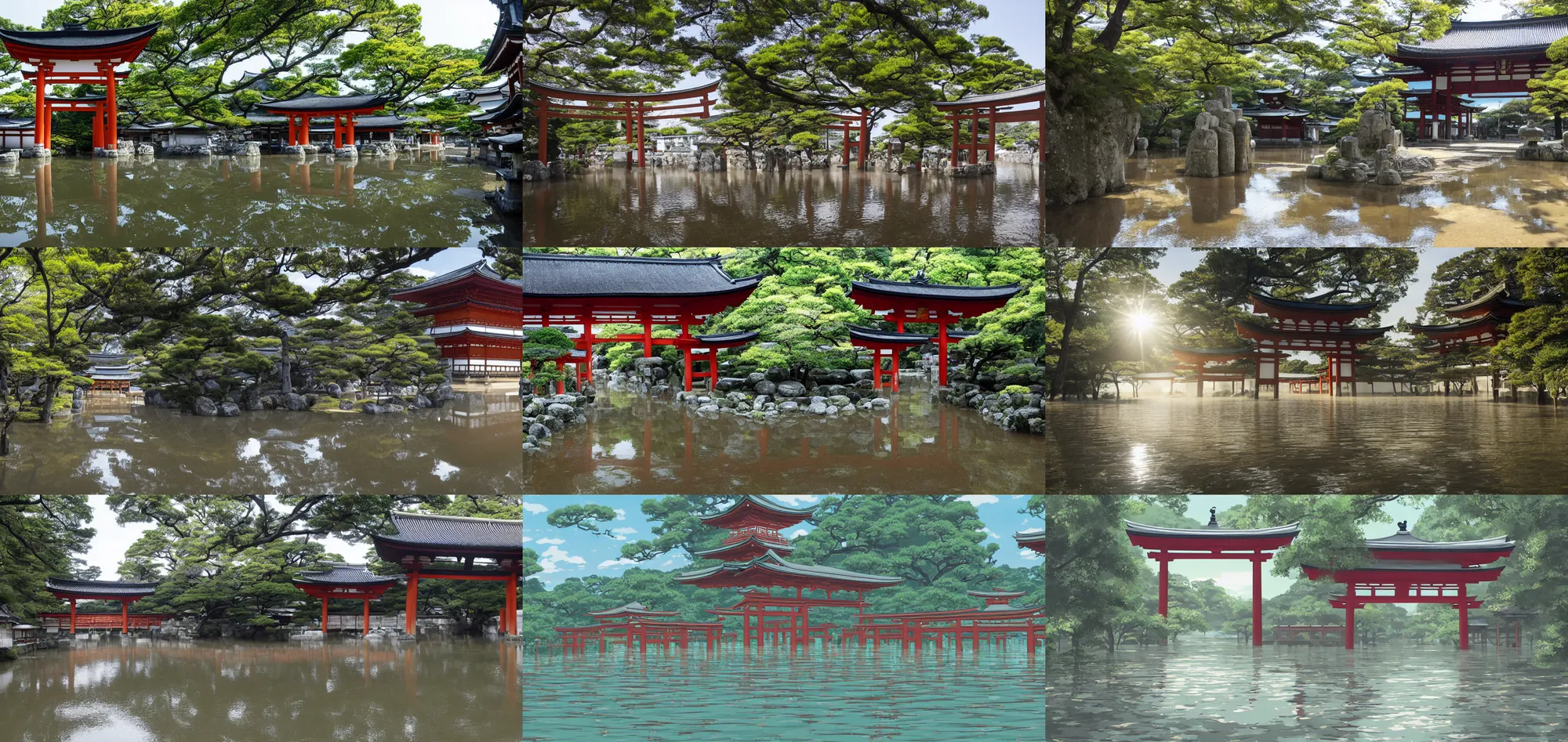 Prompt: Architectural section, Torii Gate, The ground was flooded with a layer of shallow water, tight temples surround the in town of Kyoto, sun rays, animated by Kyoto Animation, KyoAni, animated by Madhouse INC, 株式会社, WHITE FOX, by Studio Trigger, landscape, beautiful, gorgeous, dramatic lighting, rule of thirds, perfect composition, trending on ArtStation, 8k