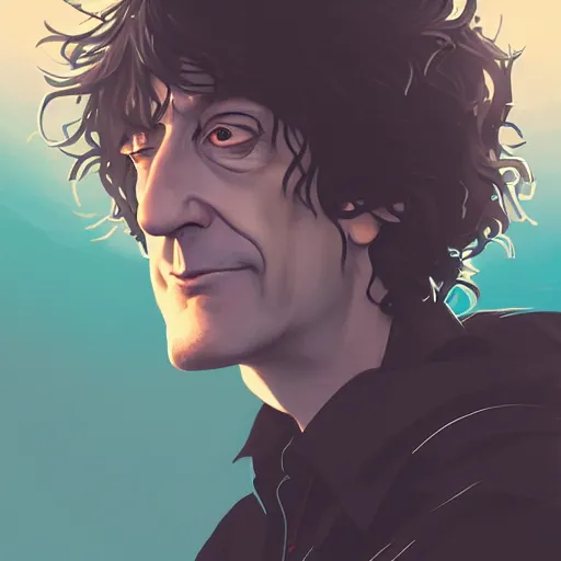 Prompt: closeup portrait of Neil Gaiman as The Sandman, pale skin, long black leather jacket, unruly hair, ambient lighting, 4k, anime key visual, lois van baarle, ilya kuvshinov, rossdraws, artstation