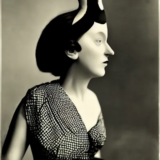 Image similar to old monochrom photography of a beautiful woman with a magpie dress, by man ray, alfred ghisoland, george edward hurrell, 4 k,