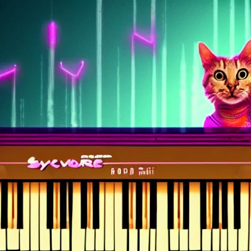 Image similar to synthwave cat playing piano
