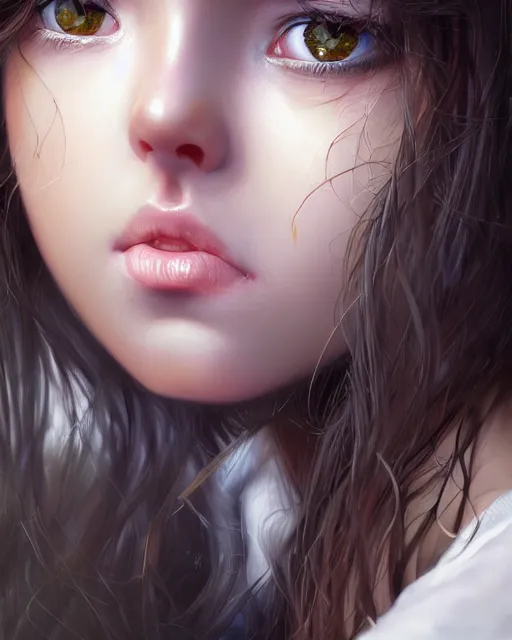 Prompt: 1 5 - year old girl with lush frizzy untamable brown hair, large front teeth, and bright piercing brown eyes, hyper realistic face, beautiful eyes, character art, art by artgerm lau and wlop and and ilya kuvshinov and john singer sargent, hyperdetailed, symmetrical, cryengine, trending on artstation, digital art