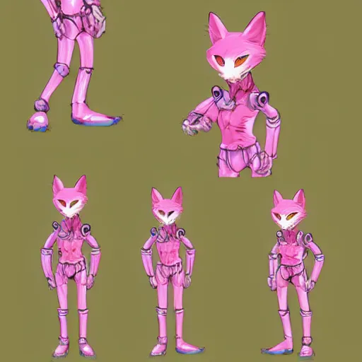 Image similar to digital art trending on artstation, pixiv, of a pink robotic fox, character fursona furry fandom anthropomorphic reference sheet
