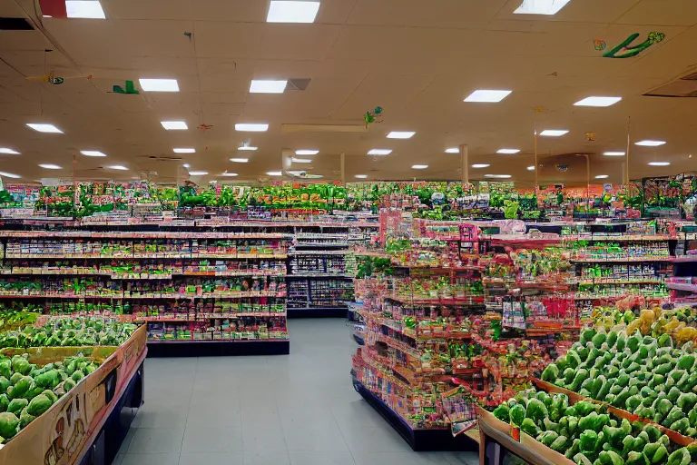 Prompt: 2001 y2k grocery store made of cactus, 85mm f/11 interior photography two point perspective,