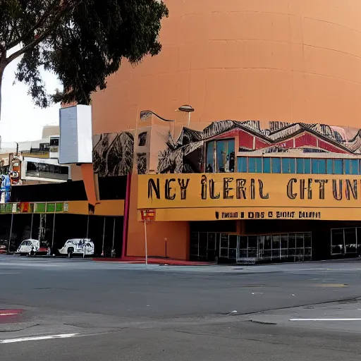 Prompt: impressive inner city club building looking like a whiskey bottle embedded in a sunset strip panorama people are standing in line, waiting to get in