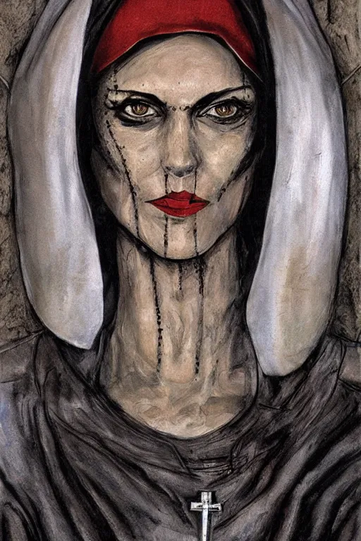 Image similar to portrait fashion model cyborg nun artwork by enki bilal