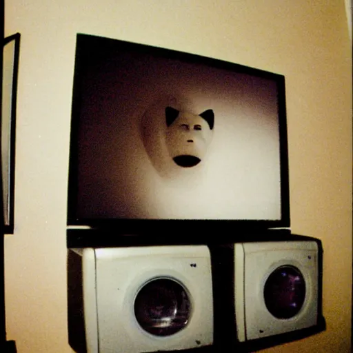Image similar to a strange high flash photo of an empty suburban home, there's a creepy face on the television, 2 0 0 6, taken with a disposable camera