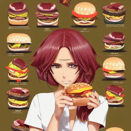 Image similar to anime manga profile Kim Kardashian eating a hamburger, extra bacon and cheese, iker helmet, unreal engine, intricate, elegant, highly detailed, digital art, art by JC Leyendecker and sachin teng