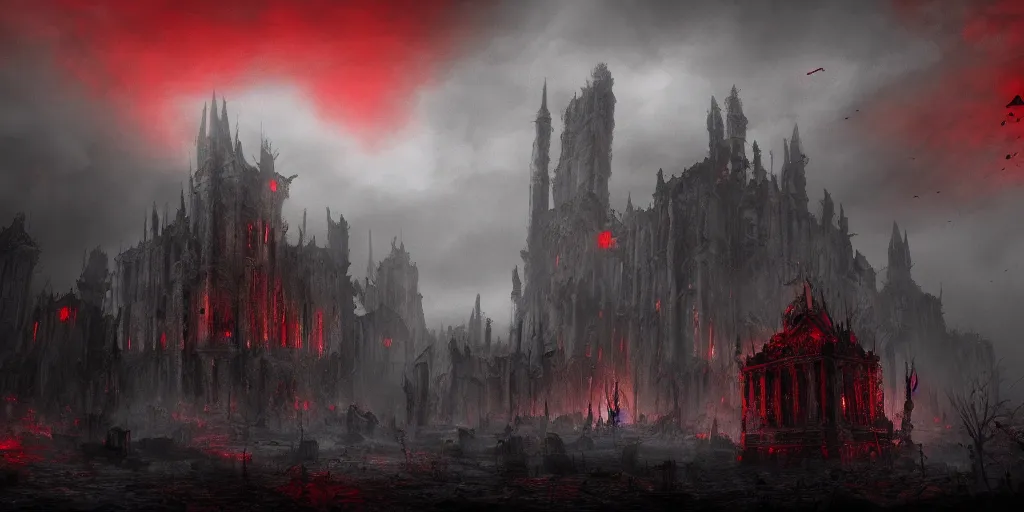 Image similar to grimdark chaos fortress, ruined, terrifying architecture, looming, dark, fog, atmospheric red lighting, flying chaos creatures, dark souls, hyperrealistic, artstation