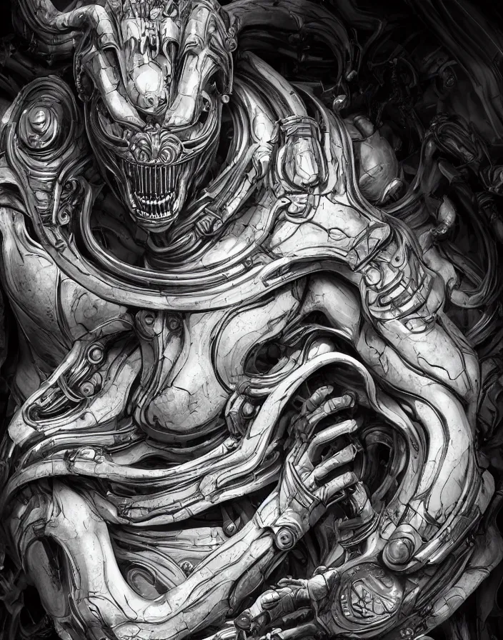 Image similar to engineer prometheus, xenomorph alien, highly detailed, symmetrical long head, smooth marble surfaces, detailed ink illustration, raiden metal gear, cinematic smooth stone, deep aesthetic, concept art, post process, 4k, carved marble texture and silk cloth, latex skin, highly ornate intricate details, prometheus, evil, moody lighting, hr geiger, hayao miyazaki, indsutrial Steampunk