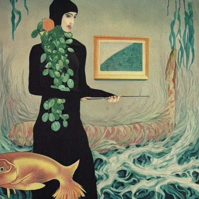 Image similar to tall emo female artist holding a large fish in her flooded apartment, seaweed, pomegranates, octopus, water gushing from ceiling, painting of flood inside an artist's apartment, a river flooding indoors, ikebana, zen, rapids, waterfall, black swans, canoe, berries, acrylic on canvas, surrealist, by magritte and monet