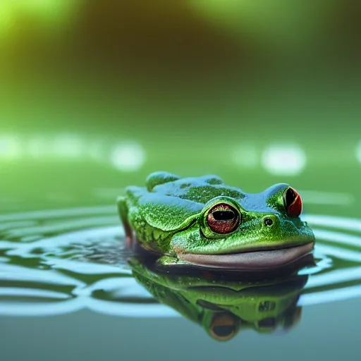 Image similar to green frog swimming in a glowing bright swamp at night, photorealistic render, bloom, bokeh blur, simulated, unreal engine, cgsociety