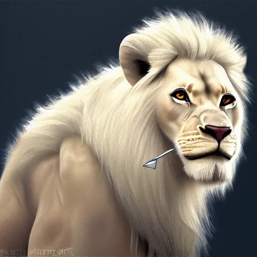 Prompt: an albino anthro lion holding a bow,dressed in leather armor,art by artgerm,photorealistic,highly detailed,8k,artstation,deviantart,detailed face