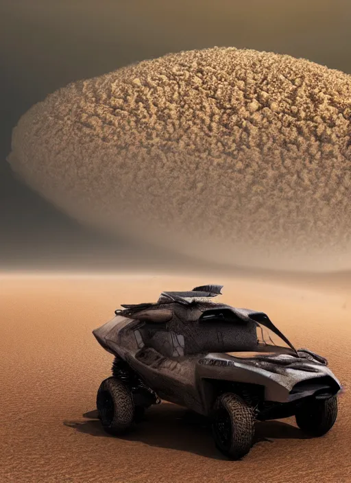 Prompt: 3 speeding quads on a dune in the desert in front of a huge stormcloud made of electric waste on the horizont , dust in the air, dark sun, concept art, dystopic, unreal, cineastic