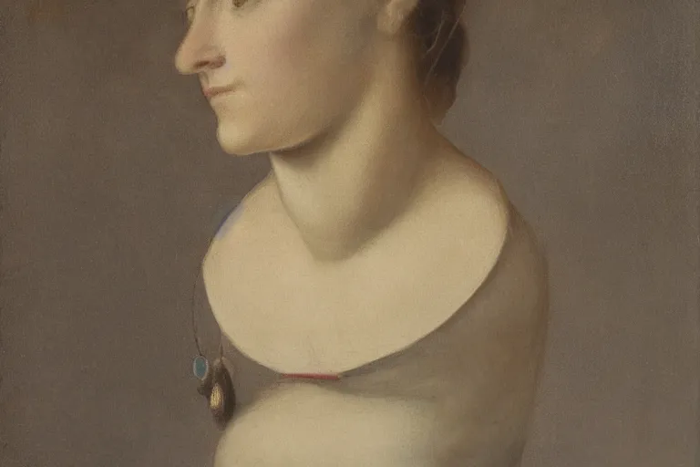 Image similar to portrait of a female, closeup of neck, wearing a neckless with Saturn as the pendant