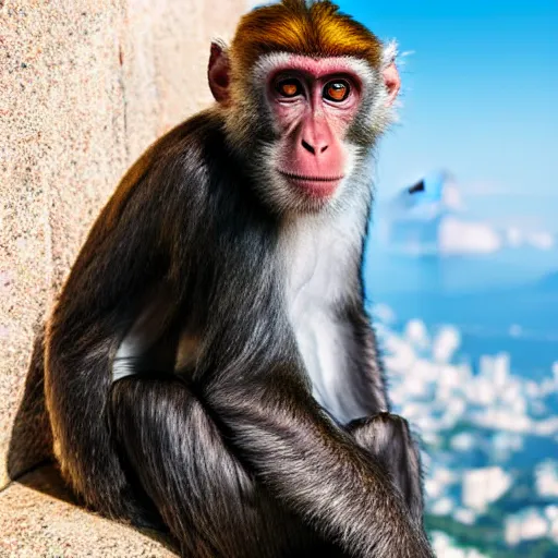 Image similar to high quality portrait of a monkey in front of Christ The Redeemer, studio photograph, photograph, realistic photo, 8k photo, 4k photo, stock photo, high resolution, cinematic shot, high detail