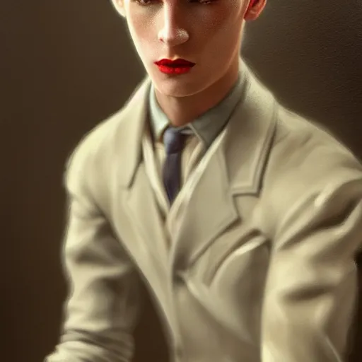 Prompt: A videogame portrait of a young Irish man with high cheekbones. Good bone structure. Dressed in 1940s style. (Blond). Highly detailed, fine Art, high detail, great lighting, 8k resolution, masterpiece, concept art, illustration, clear eyes, painting oil on canvas, octane render, HDR, trending on artstation, 4k, 8k, HD