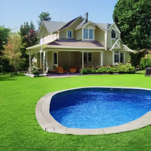 Prompt: photo of a house with a (((((pool))))) and grass!!!!!!!!!!