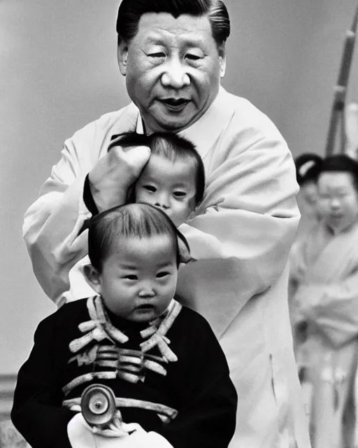 Image similar to Xi Jinping as Ronin Ogami Ittō in Lone Wolf and Cub and a Toddler sized Vladimir Puttin as Daigorō, Xi Jinping is Holding a Samurai Sword, photorealistic, Cinematic, Japanese