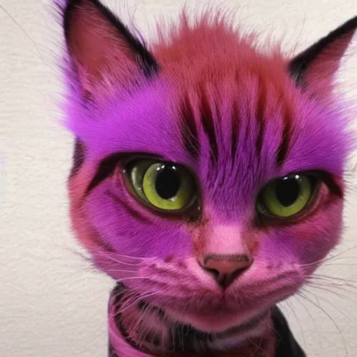 Prompt: orange cat, with his hair died purple to look like the cheshire cat, photo