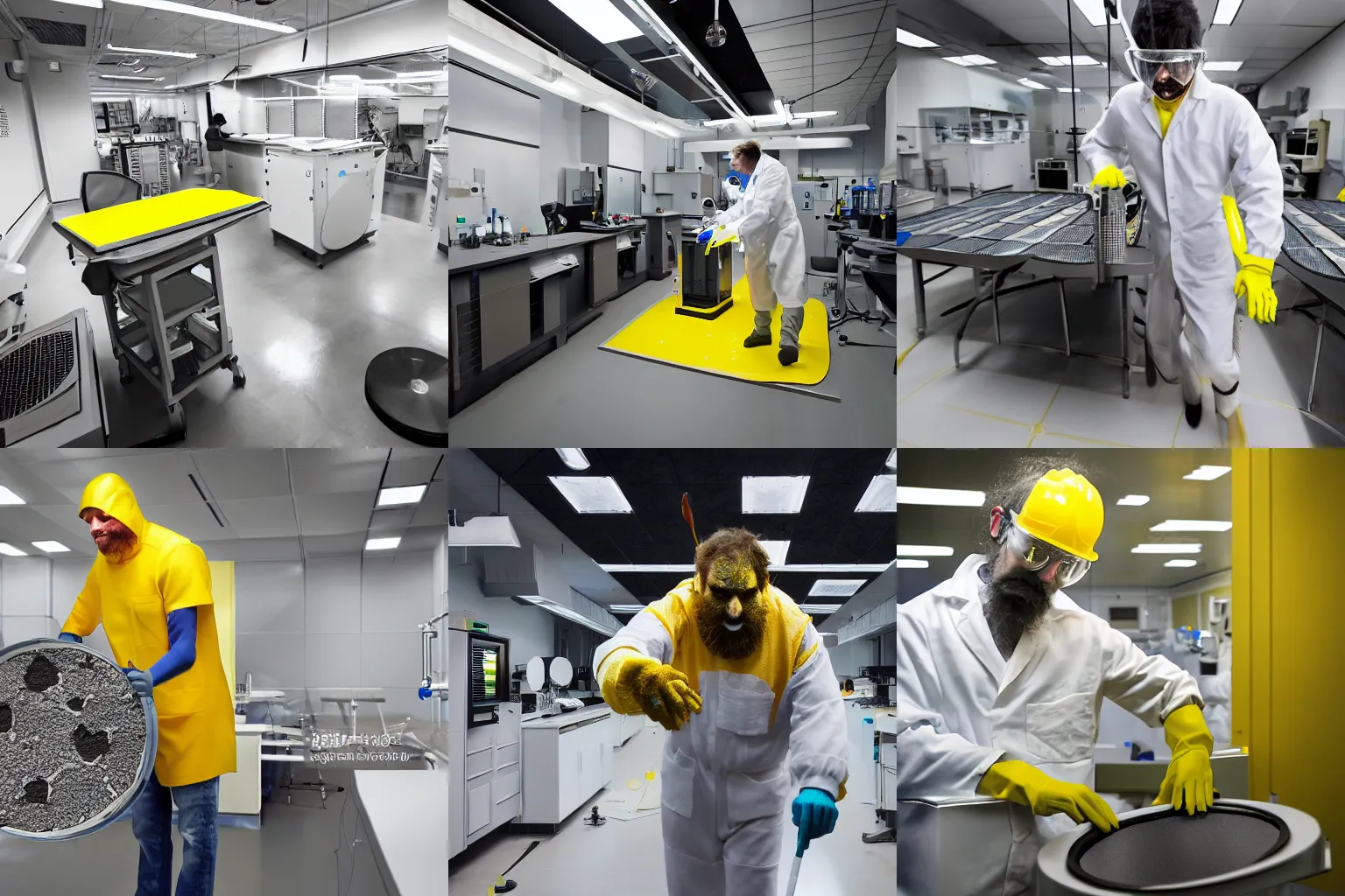 Prompt: hairy monster dusting off silicon wafer in laboratory clean room, photolithography wet bench in background, yellow artificial lighting, photorealistic, studio photography