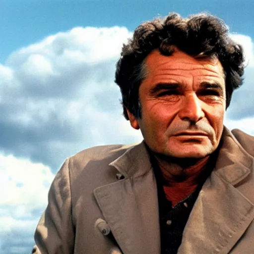 Prompt: heaven!!!!!!!!, clouds, golden gate, columbo as an angel at the gates of heaven, peter falk as columbo, symmetrical face!!!!, round symmetrical eyes!!!, color