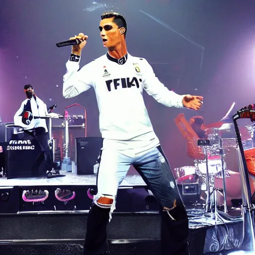 Prompt: Cristiano Ronaldo white as a rock band member performing live, Stage Photography