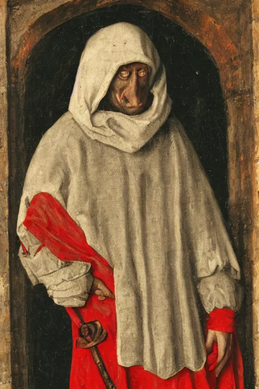 Prompt: medieval man wearing a red sack over his head, bloody, looking at the camera, photograph