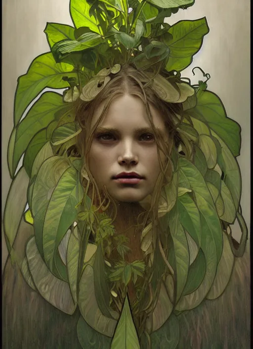 Prompt: hyperrealist painting of swamp thing pot leaf face, by alphonse mucha and greg rutkowski in the style of artgerm, moody, misty, depth perception.