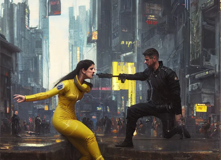 Image similar to Maria defeats sgt Nash. Cyberpunk hacker wearing yellow fighting menacing police troopers (blade runner 2049, cyberpunk 2077). beautiful face. Orientalist portrait by john william waterhouse and James Gurney and Theodore Ralli and Nasreddine Dinet, oil on canvas. Cinematic, hyper realism, realistic proportions, dramatic lighting, high detail 4k