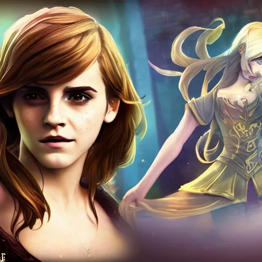 Image similar to Emma Watson as a character in the game League of Legends, with a background based on the game League of Legends, detailed face, old 3d graphics