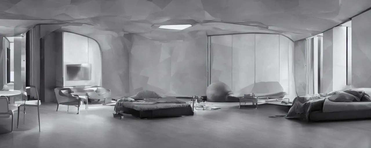 Prompt: relaxing _ futuristic room _ with _ a _ silver _ furniture _ high _ quality _ 8 _ k _ architecture _ symmetrical _ harmonious _ compositin