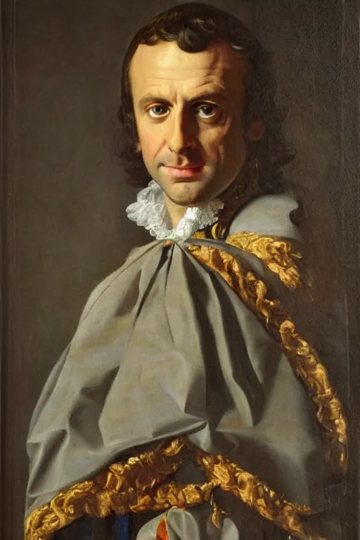 Prompt: detailed full lenght portrait of Emmanuel Macron by Hyacinthe Rigaud, oil painting on canvas, classicism google arts and culture