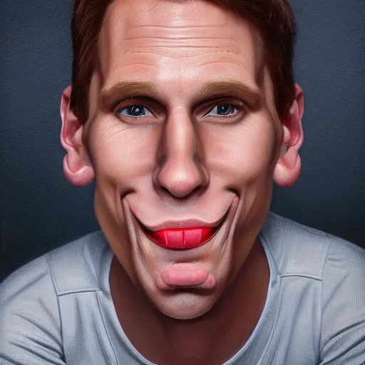 Image similar to Caricature portraits done of Jerma realistic, hyperrealistic, very realistic, highly detailed, very detailed, extremely detailed, detailed, oil painting, digital art, trending on artstation