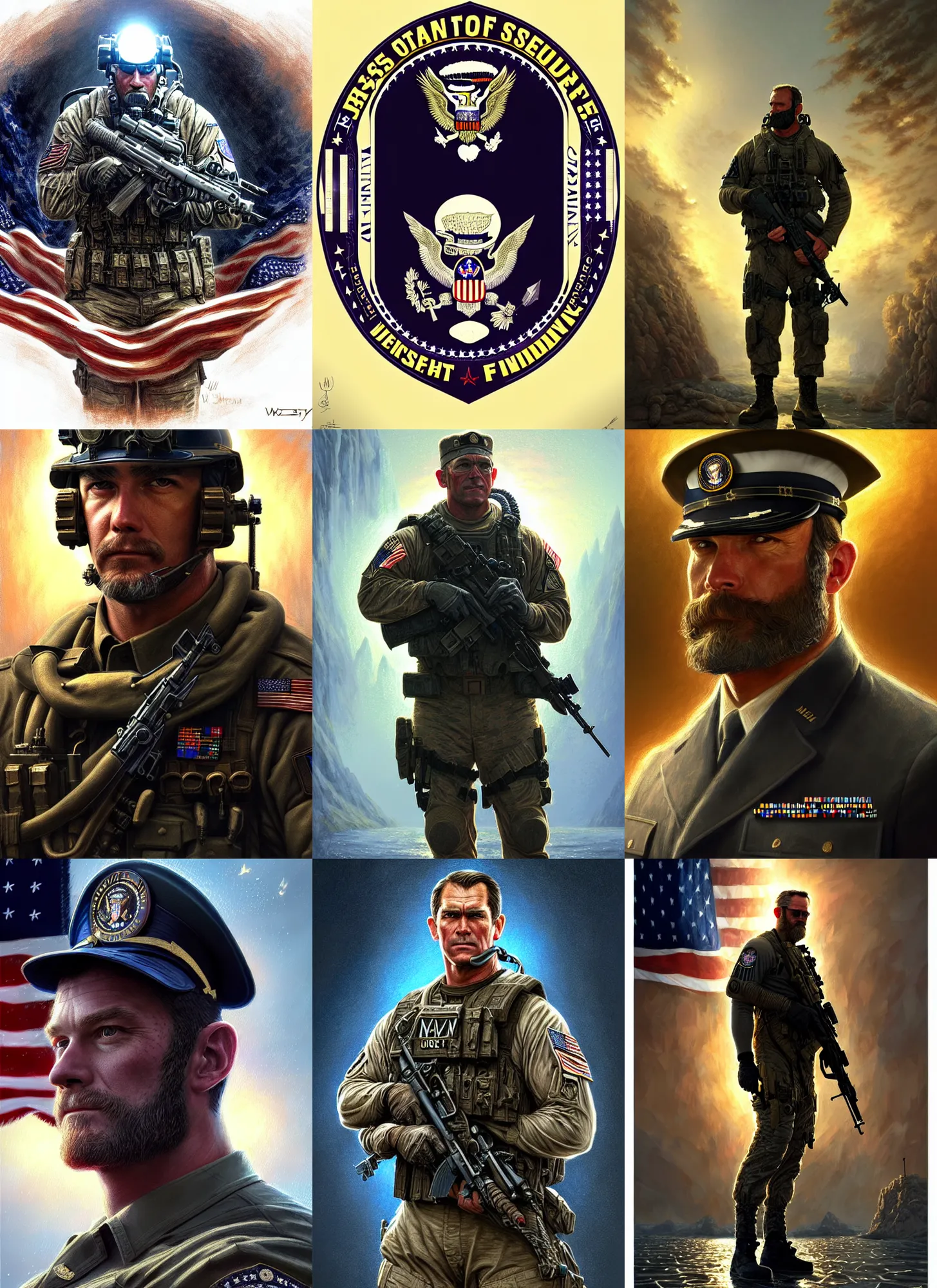 Prompt: navy seal as the president of the united states of america, fantasy magic, light night, intricate, elegant, sharp focus, illustration, highly detailed, digital painting, concept art, matte, art by wlop and artgerm and ivan shishkin and andrey shishkin, masterpiece