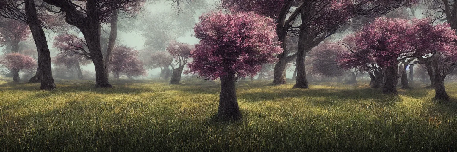 Prompt: a beautiful digital photorealistic of life and death, rosses, trees, grass octane render by android jones