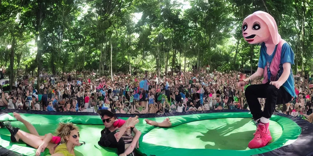 Prompt: et on a trampoline in a lush park with greenday playing on a stage to a small crowd in the style of roger searle