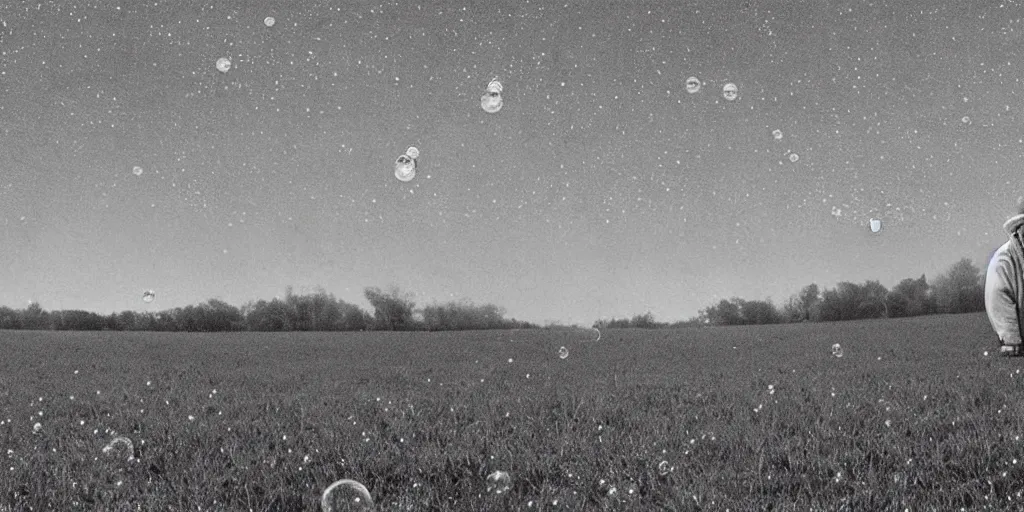 Prompt: an old man in a field looking at multiverse bubbles in the sky, scene from a stanley kubrick movie, in c