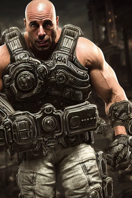 Prompt: Joe Rogan as a muscular Gears of War character, photorealism, full body, white ambient background, unreal engine 5, hyperrealistic, highly detailed, XF IQ4, 150MP, 50mm, F1.4, ISO 200, 1/160s, natural light, Adobe Lightroom, photolab, Affinity Photo, PhotoDirector 365, realistic